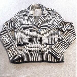 LOFT Chunky Knit Sweater Blazer Womens Med Black Cream Striped Cardigan Preppy